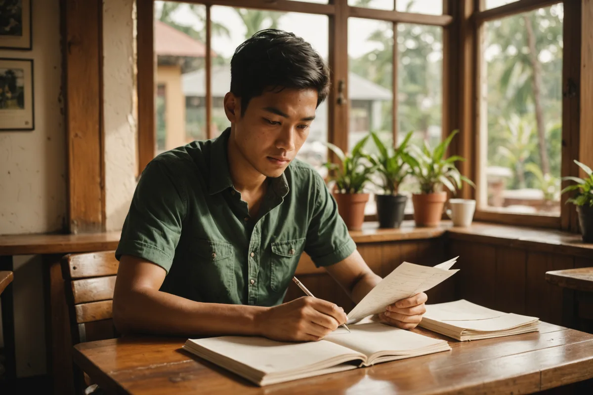 Small business owner reviewing financial documents at a tidy wooden desk with a tablet showing charts
